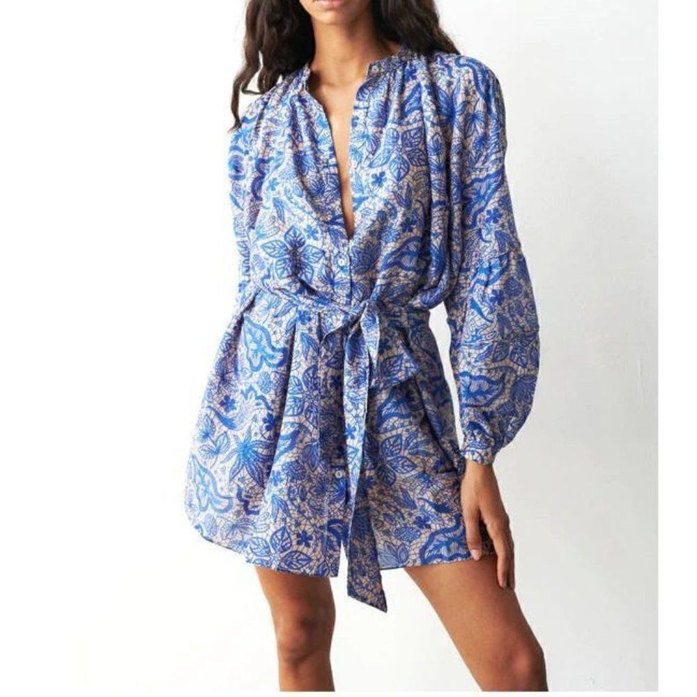 Chufy Womens Pia Mini Dress XL Natty Blue Sz Cotton Silk Blouson Sleeve NWT